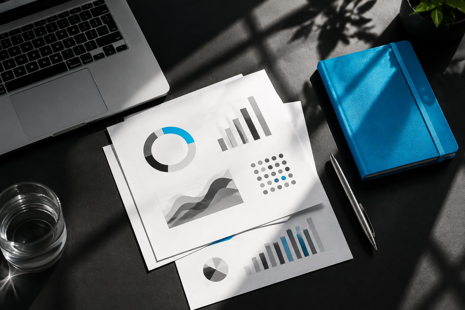 Planejamento de marketing com gráficos e caderno azul